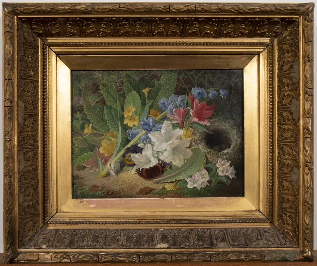 George Goodman (British) - Still Life with bird's nest butterfly wild primulus and other flowers Image 1++
