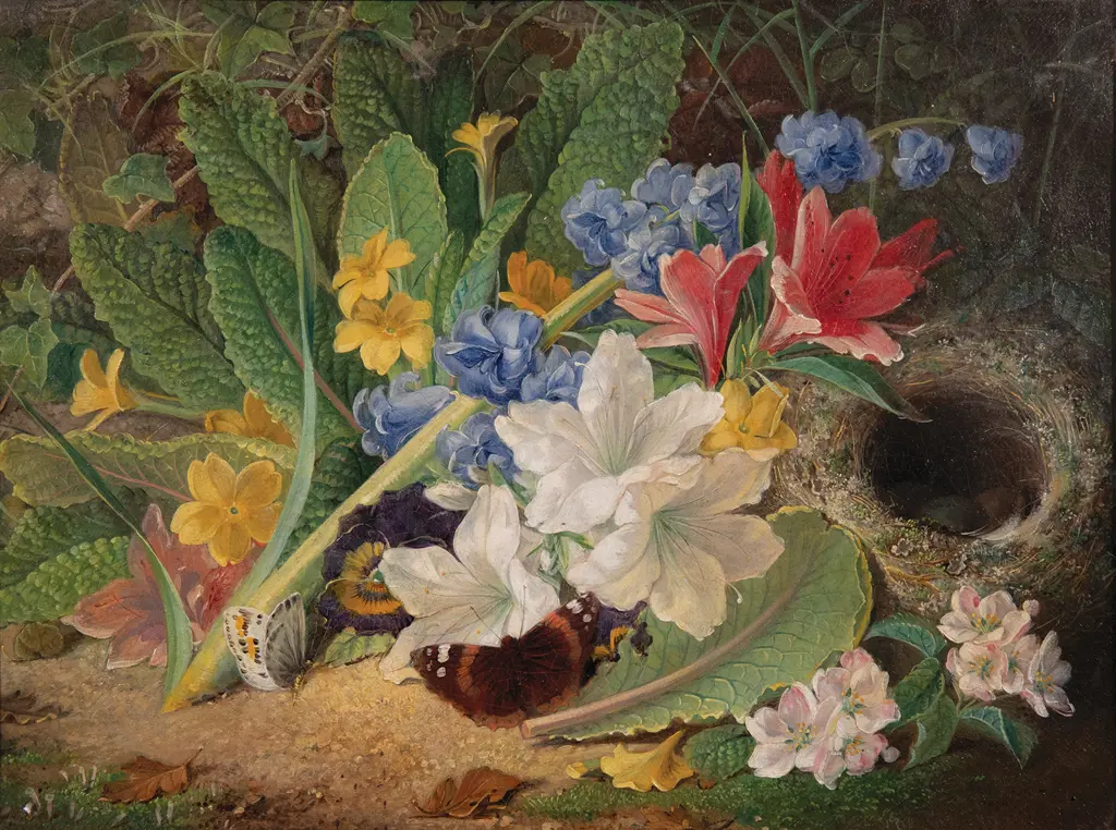 George Goodman (British) - Still Life with bird's nest butterfly wild primulus and other flowers Image 1++