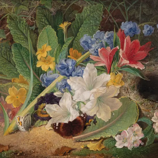 George Goodman (British) - Still Life with bird's nest butterfly wild primulus and other flowers