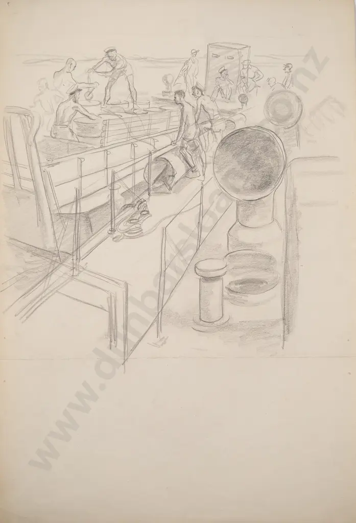 Russell Clark (1905-66) - Taking on fuel Royal NZ Navy Fairmile 408 Torokina Bay Bougainville Image 1++