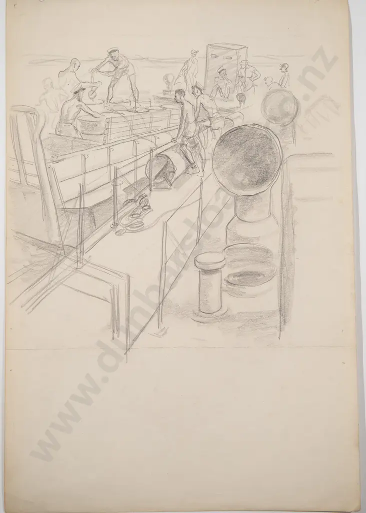Russell Clark (1905-66) - Taking on fuel Royal NZ Navy Fairmile 408 Torokina Bay Bougainville Image 1++