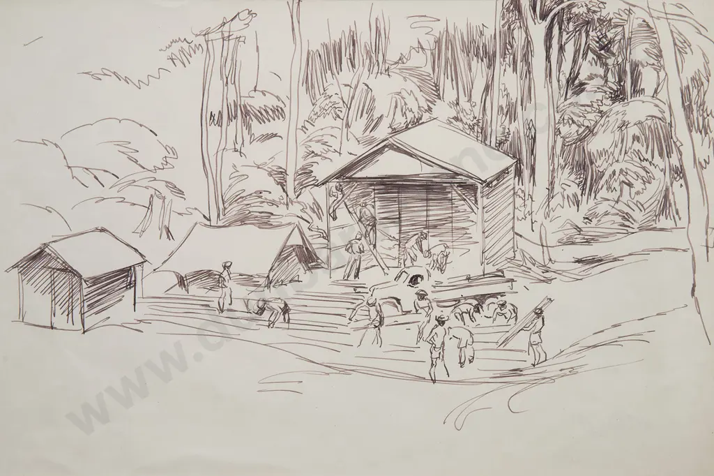 Russell Clark (1905-66) - Building a New Theatre Guadalcanal (Field Maintenance Centre) Image 1++