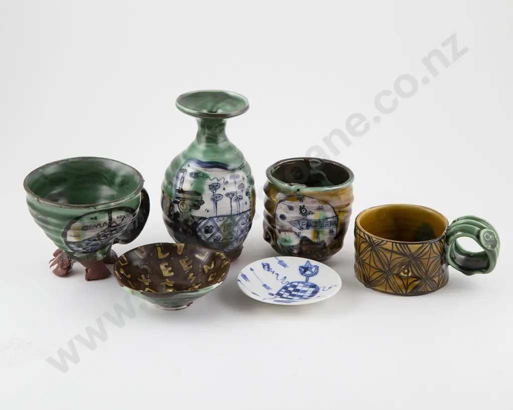 Aaron Scythe Six Various Hand-painted Ceramic Pieces Image 1++