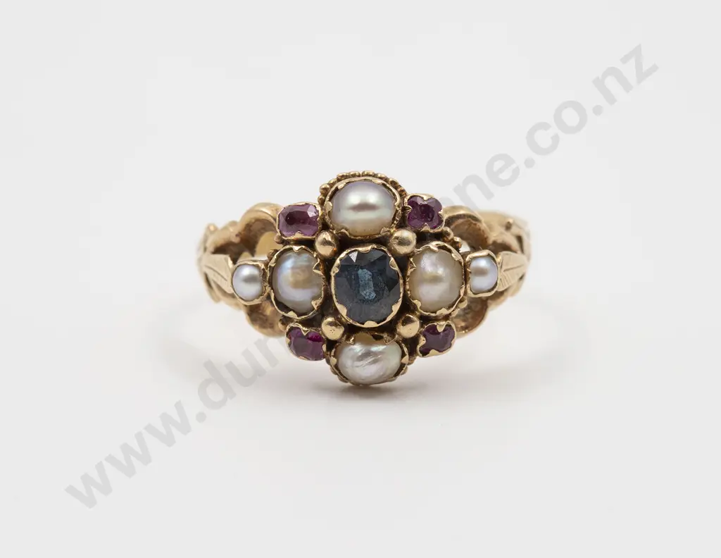 Victorian 18ct Sapphire Pearl and Ruby Cluster Ring Image 1++