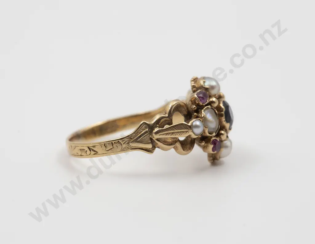 Victorian 18ct Sapphire Pearl and Ruby Cluster Ring Image 1++