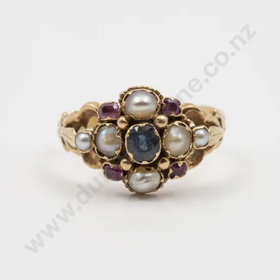 Victorian 18ct Sapphire Pearl and Ruby Cluster Ring