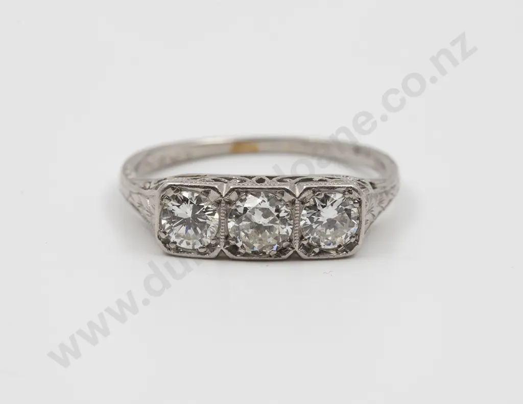 All Platinum Art Deco Three Stone Diamond Bridge Ring Image 1++