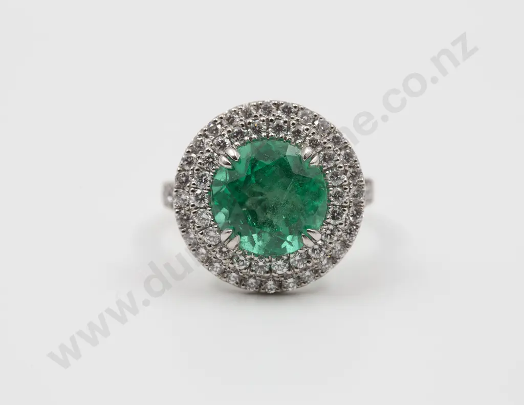 All Platinum Emerald and Diamond Cluster Ring Image 1++
