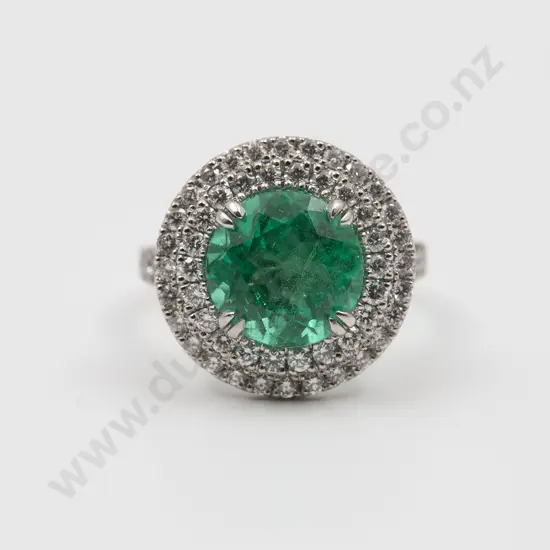 All Platinum Emerald and Diamond Cluster Ring
