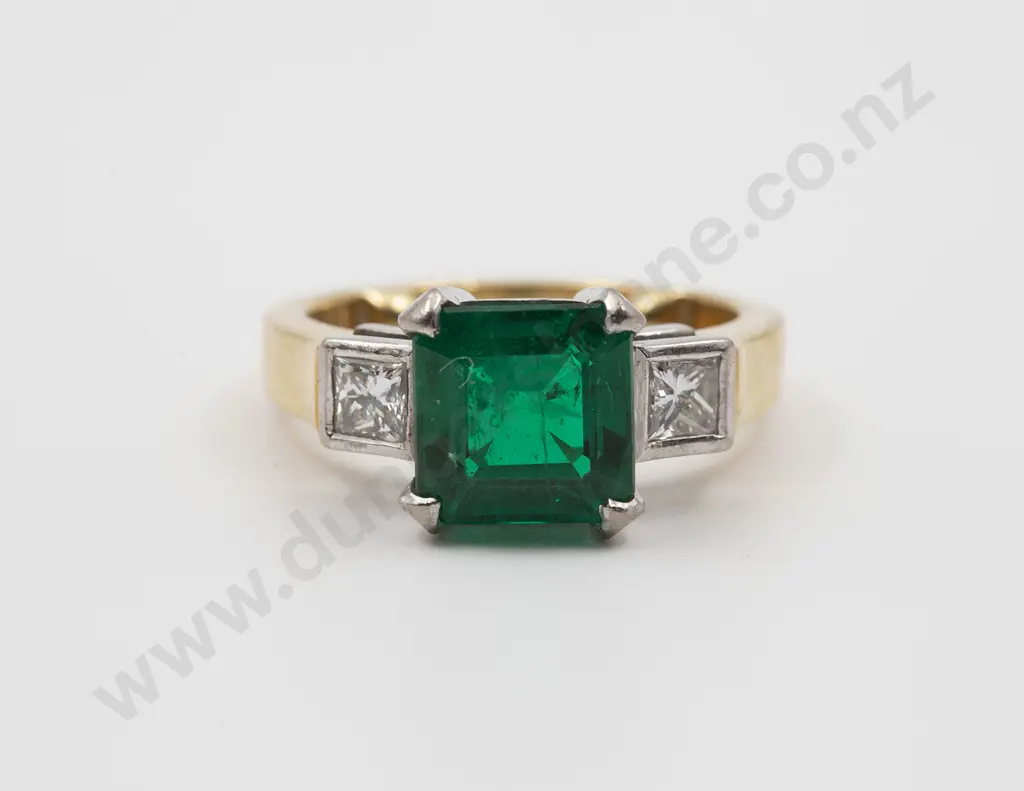 18ct Three Stone Emerald and Diamond Bridge Ring Image 1++