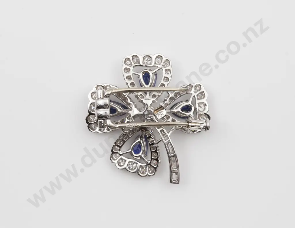 18ct White Gold Sapphire and Diamond Four Leaf Clover Brooch Image 1++