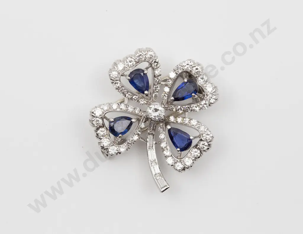 18ct White Gold Sapphire and Diamond Four Leaf Clover Brooch Image 1++