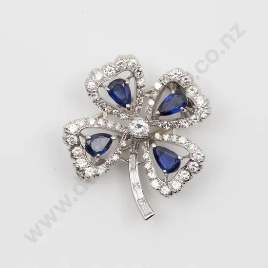 18ct White Gold Sapphire and Diamond Four Leaf Clover Brooch