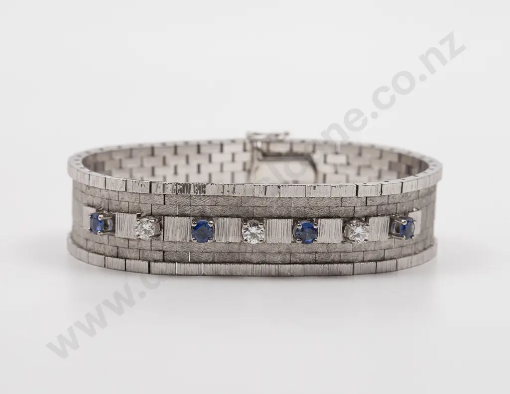 18ct White Gold Seven Stone Diamond and Sapphire Panel Bracelet Image 1++