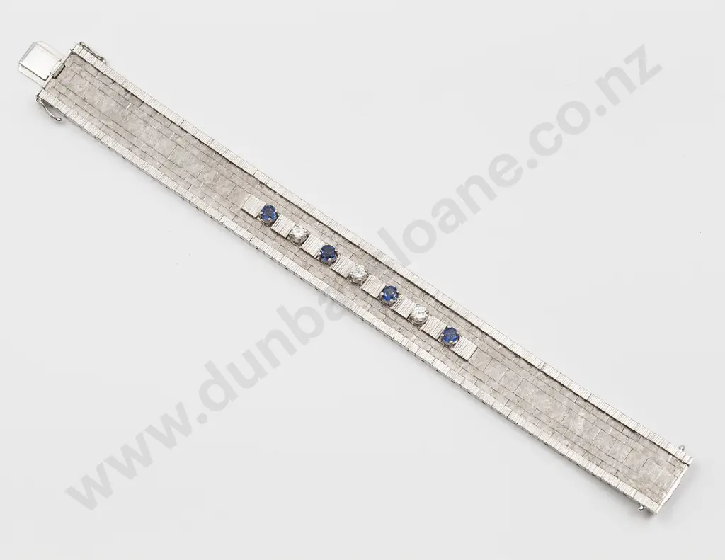 18ct White Gold Seven Stone Diamond and Sapphire Panel Bracelet Image 1++
