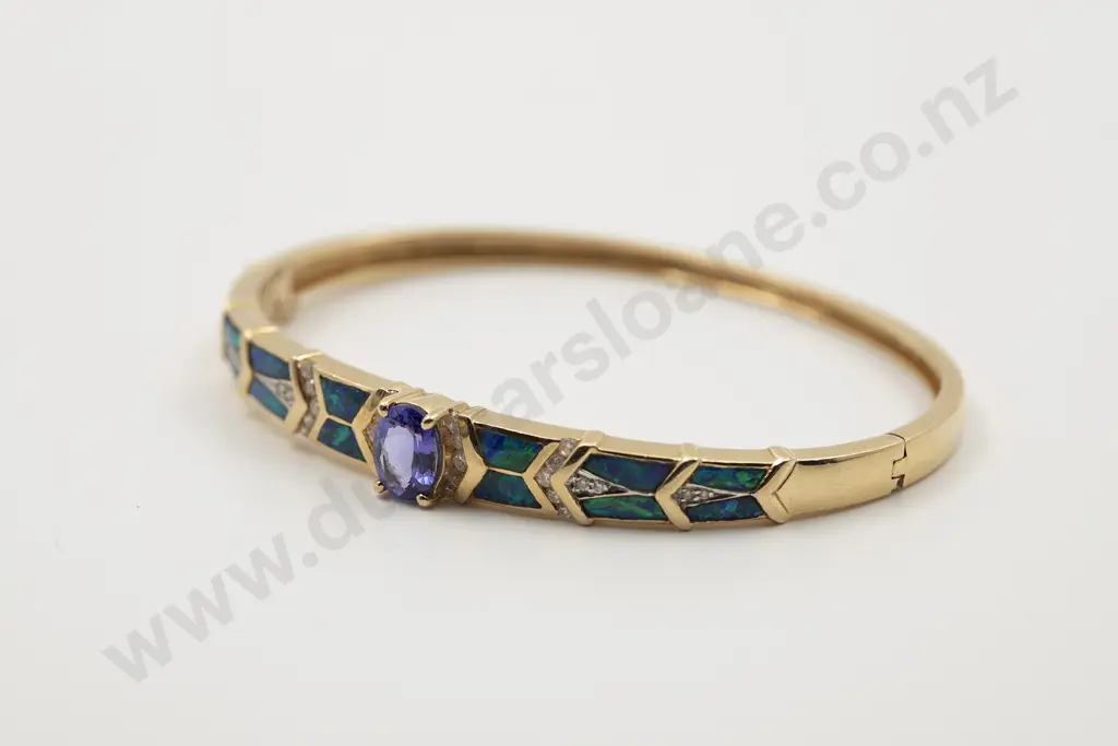 14ct Tanzanite Opal and Diamond Hinged Snap Bangle Image 1++