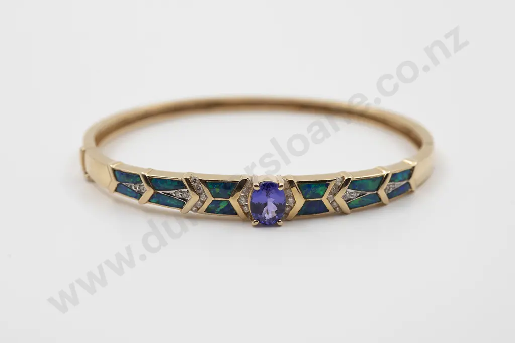 14ct Tanzanite Opal and Diamond Hinged Snap Bangle Image 1++