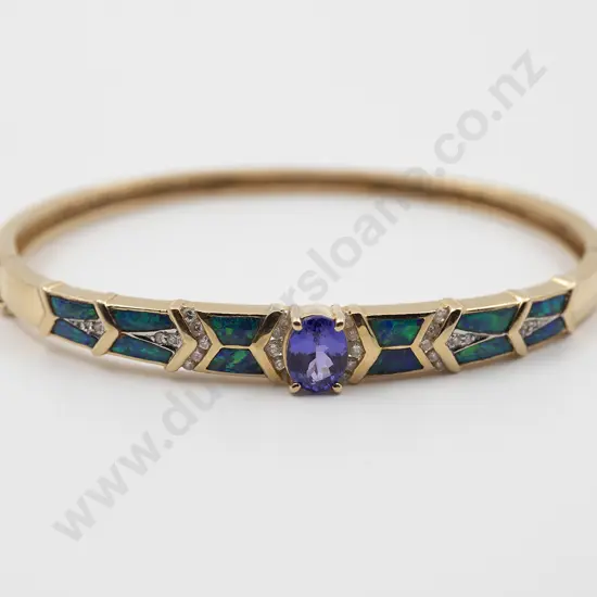 14ct Tanzanite Opal and Diamond Hinged Snap Bangle