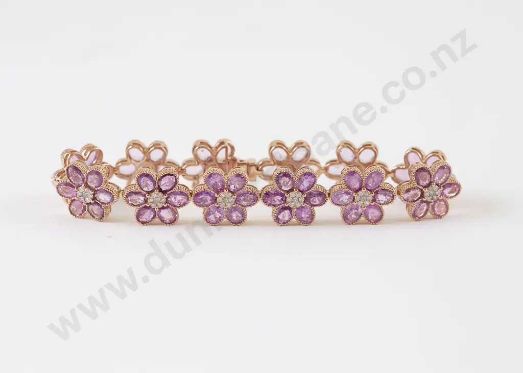 14ct Rose Gold Pink Sapphire and Diamond Fancy Floret Design Bracelet Image 1++