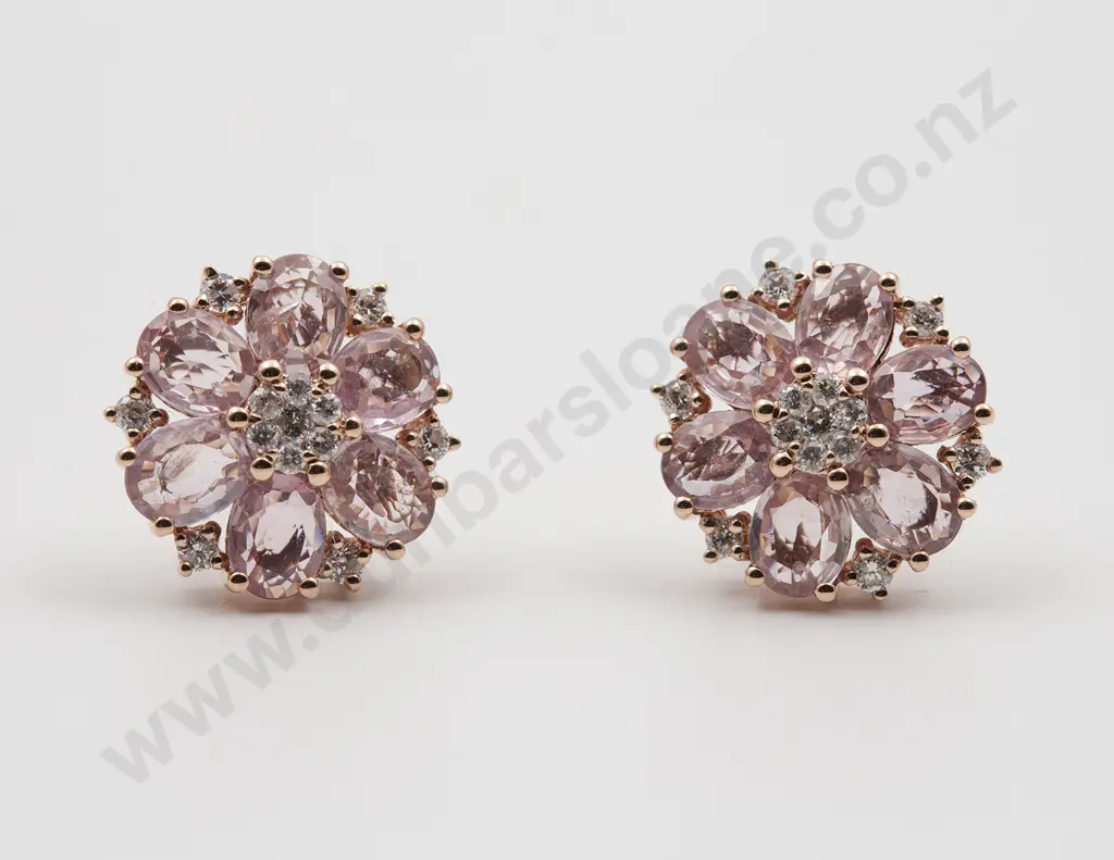 14ct Rose Gold Pink Sapphire and Diamond Floret Cluster Stud Earrings Image 1++