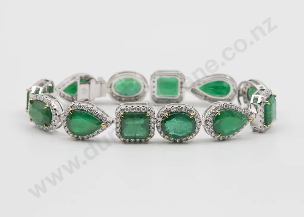 Platinum & Gold Emerald and Diamond Tennis Style Bracelet Image 1++