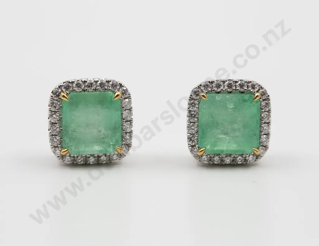 Platinum and Gold Emerald and Diamond Cluster Stud Earrings Image 1++