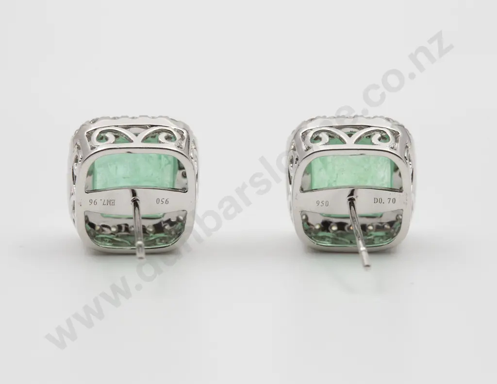 Platinum and Gold Emerald and Diamond Cluster Stud Earrings Image 1++
