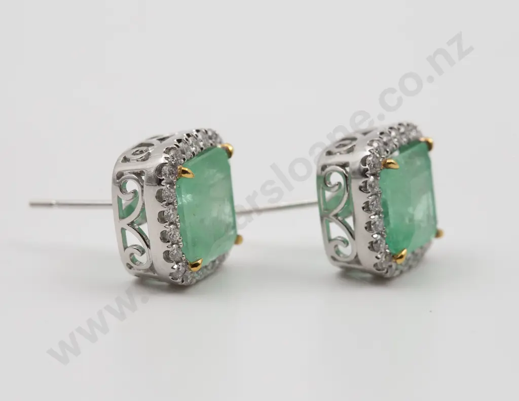 Platinum and Gold Emerald and Diamond Cluster Stud Earrings Image 1++