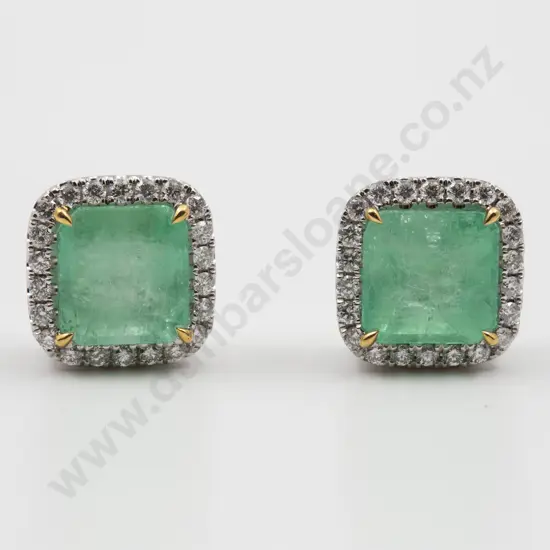 Platinum and Gold Emerald and Diamond Cluster Stud Earrings