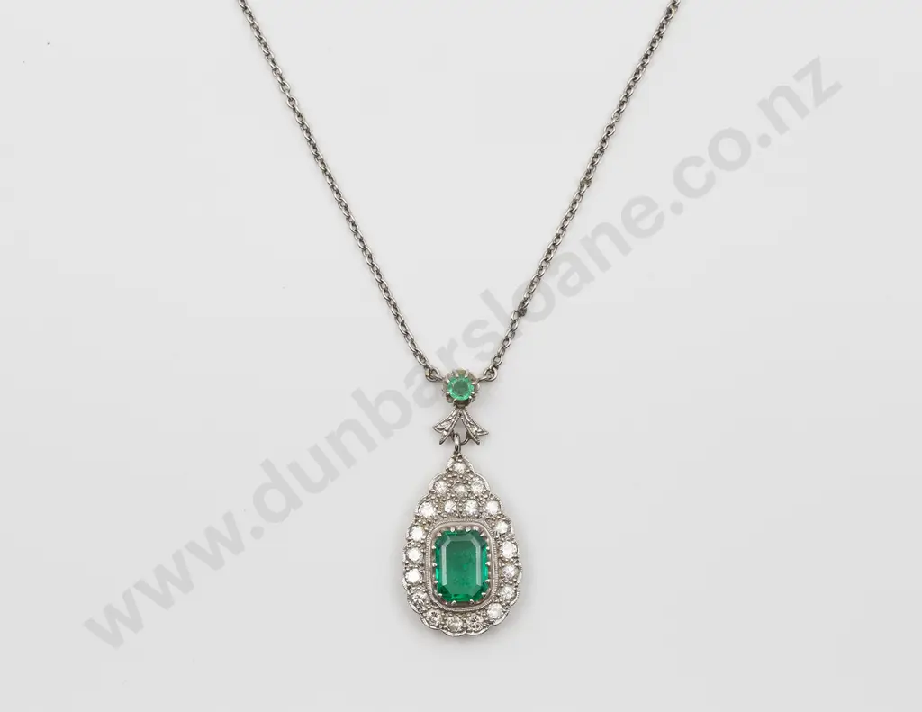 18ct White Gold Emerald and Diamond Pendant Image 1++