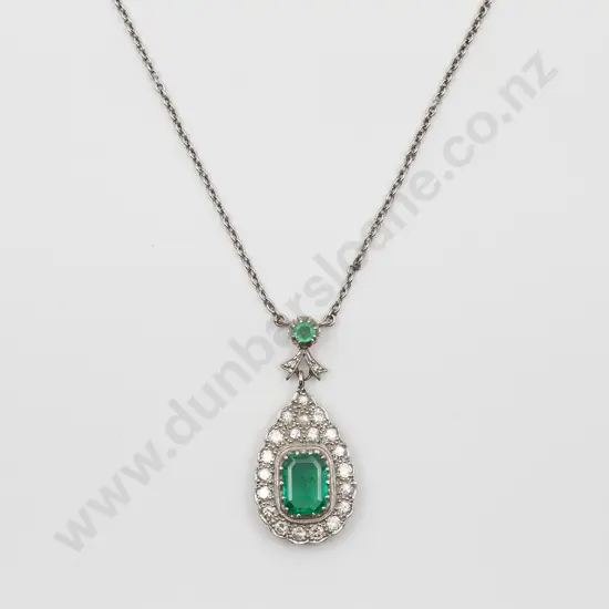 18ct White Gold Emerald and Diamond Pendant