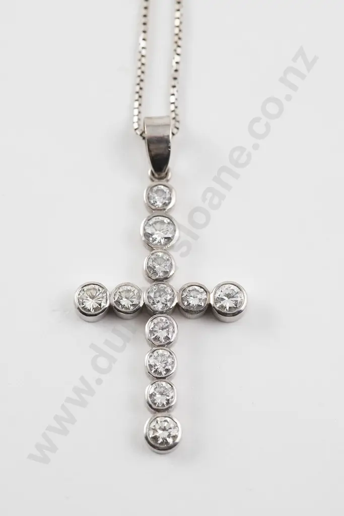 18ct White Gold Twelve Stone Diamond Cross Pendant Image 1++