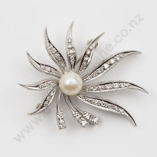 18ct White Gold Pearl and Diamond 'Sun Burst' Spray Brooch/Pendant