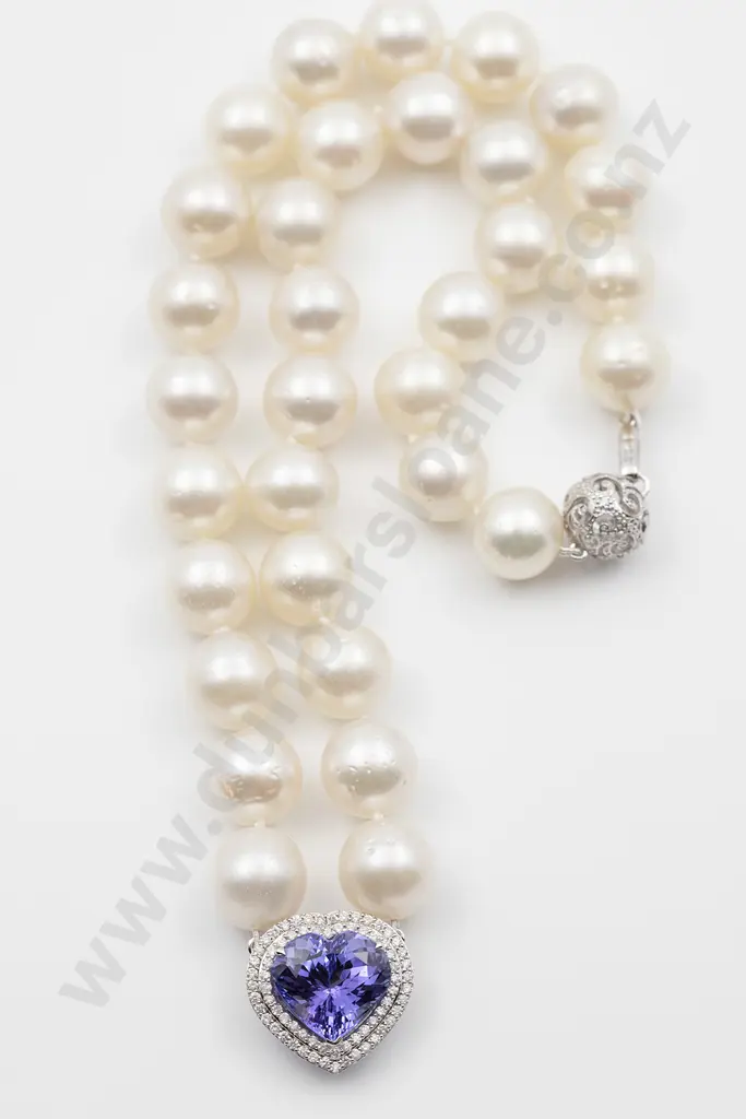 14ct White Gold South Sea Pearl Tanzanite and Diamond Pendant Necklace Image 1++