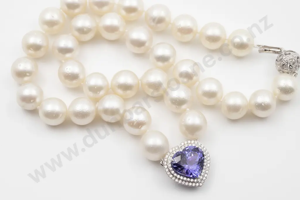 14ct White Gold South Sea Pearl Tanzanite and Diamond Pendant Necklace Image 1++