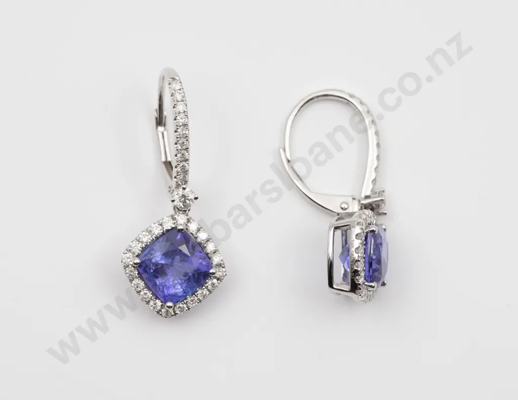 14K White Gold Tanzanite and Diamond Cluster Drop Earrings Image 1++