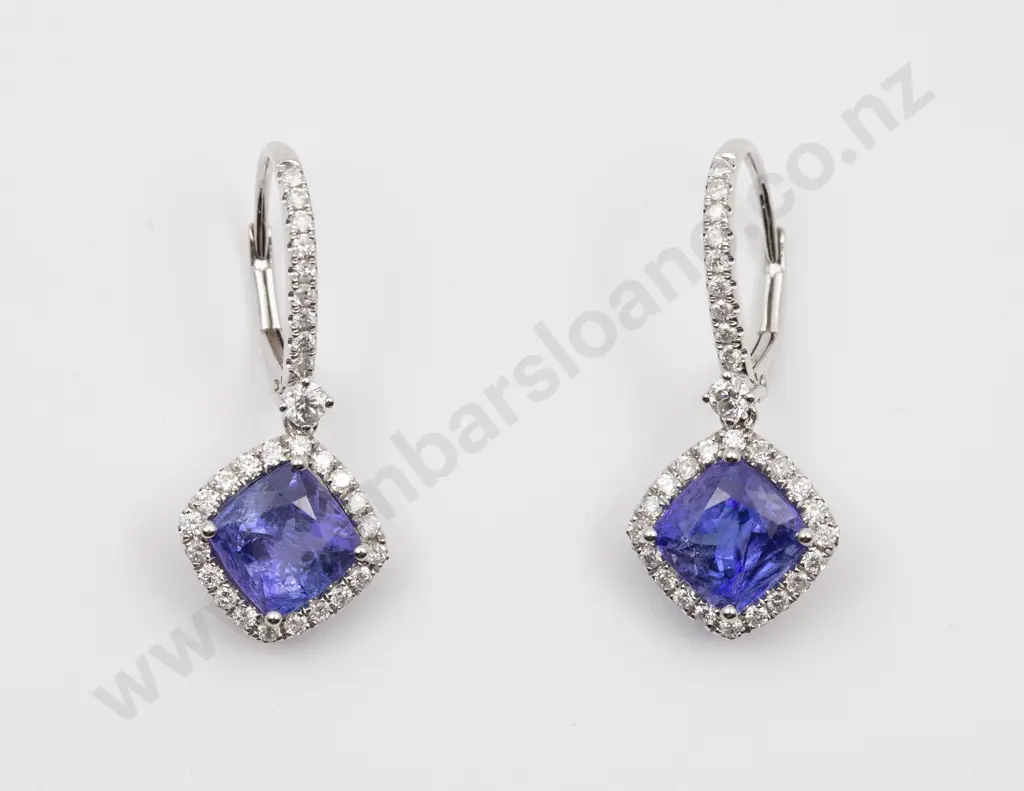 14K White Gold Tanzanite and Diamond Cluster Drop Earrings Image 1++