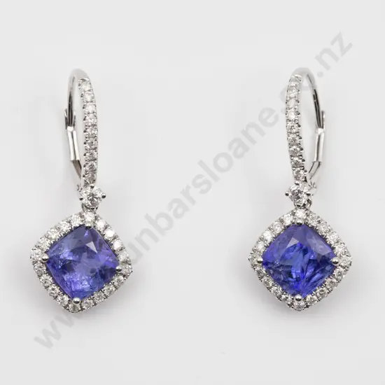 14K White Gold Tanzanite and Diamond Cluster Drop Earrings