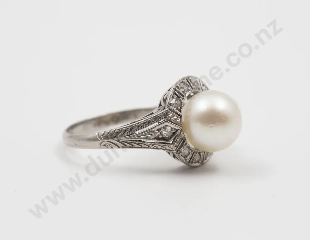 All Platinum Art Deco Style Single Pearl and Diamond Cluster Ring Image 1++
