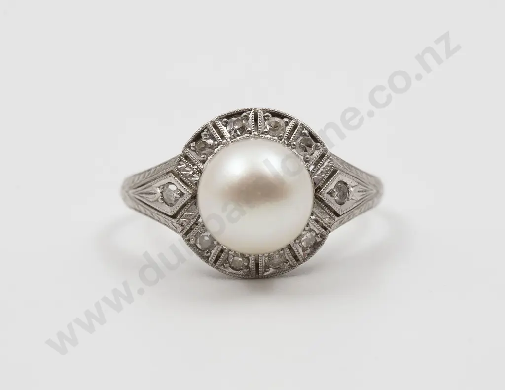 All Platinum Art Deco Style Single Pearl and Diamond Cluster Ring Image 1++