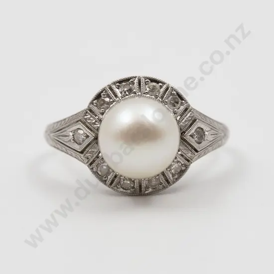 All Platinum Art Deco Style Single Pearl and Diamond Cluster Ring