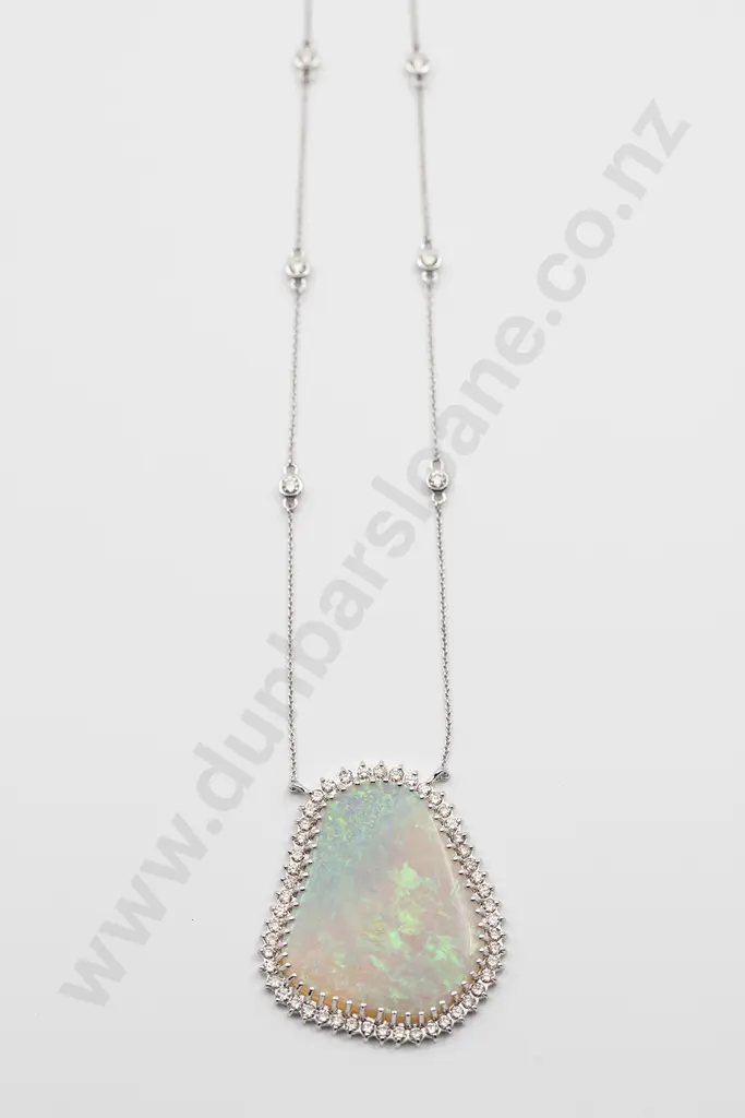 14ct White Gold White Opal and Diamond Pendant Image 1++
