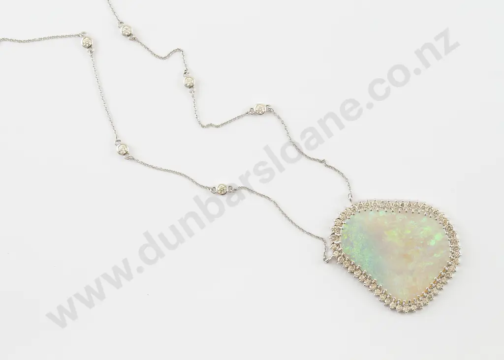 14ct White Gold White Opal and Diamond Pendant Image 1++