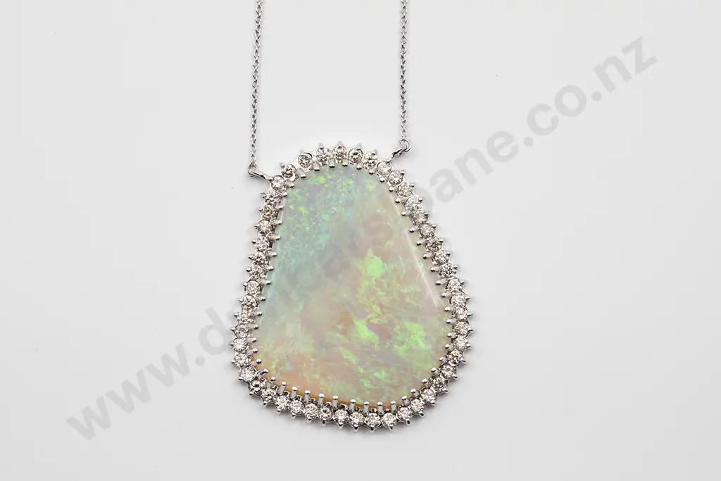 14ct White Gold White Opal and Diamond Pendant Image 1++