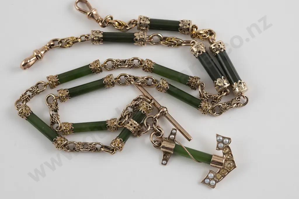Early C20th 9ct and Greenstone Albert Chain Image 1++