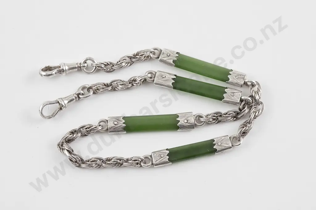 Late Edwardian S/S and Greenstone Rail Albert Chain Image 1++