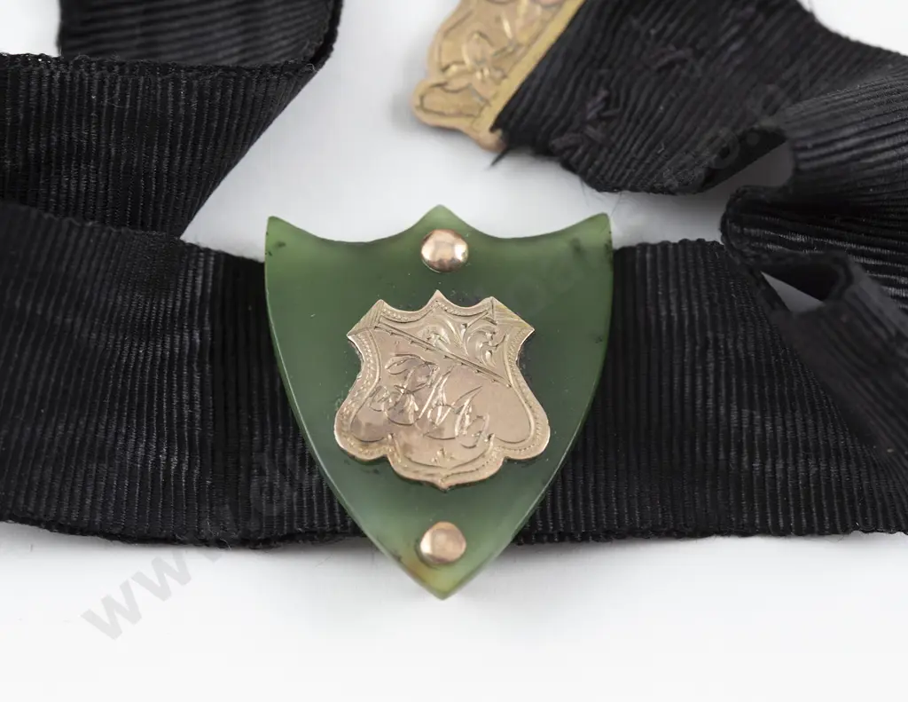 NZ Colonial 9ct Mounted Black Ribbon Braid Watch Fob Image 1++