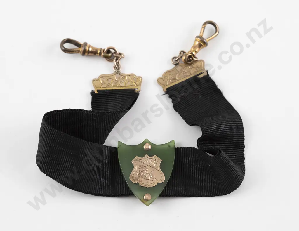 NZ Colonial 9ct Mounted Black Ribbon Braid Watch Fob Image 1++