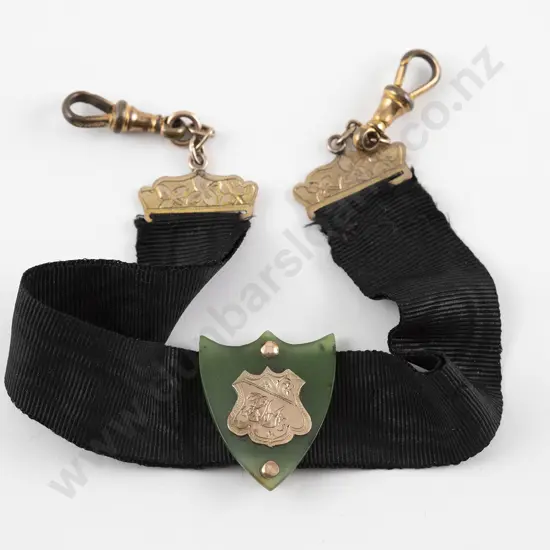 NZ Colonial 9ct Mounted Black Ribbon Braid Watch Fob