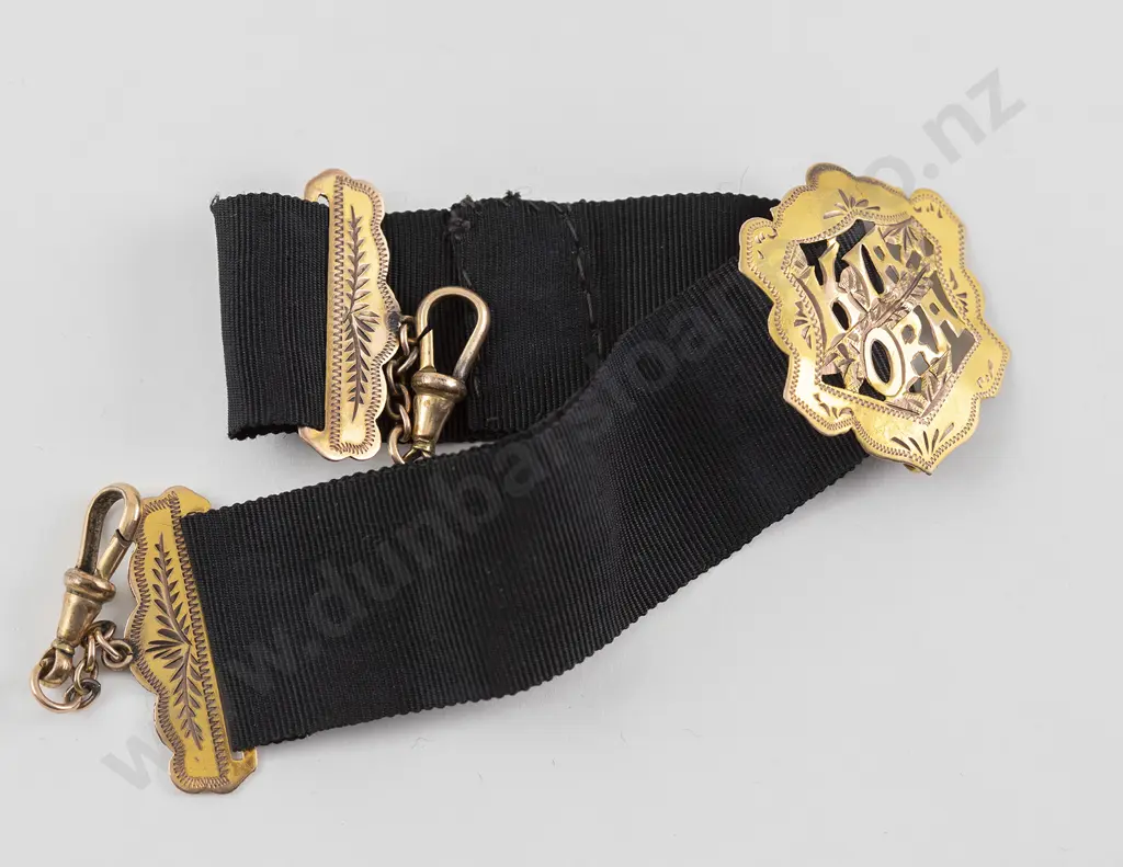 NZ Colonial 9ct Mounted Black Ribbon Braid Watch Fob Image 1++
